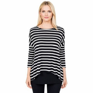 Joseph Ribkoff Black White Striped Tiered Tunic Top Boat neck Stretch Size 8